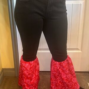 Black Boho upcycled  Jeans with Red Floral Bell Bottoms